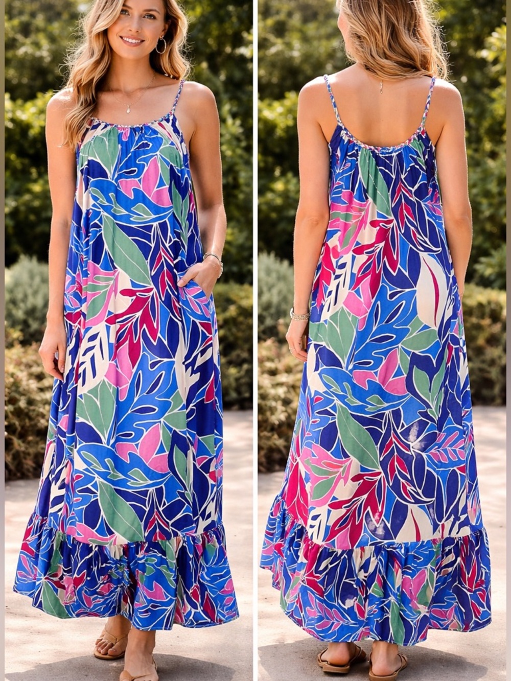 True Destinations NWT Blue Floral Palm Print Cover Up Maxi Dress Size Medium